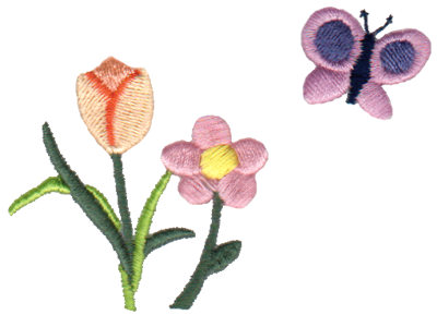 Embroidery Design: Spring Flowers & Butterfly 3.34″ x 2.37″