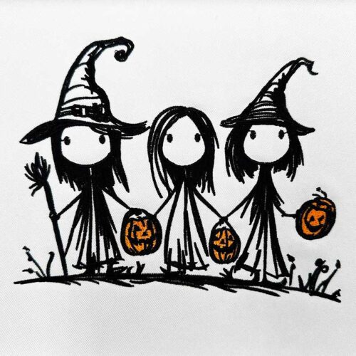 3 Witches with orange pumpkins embroidery design